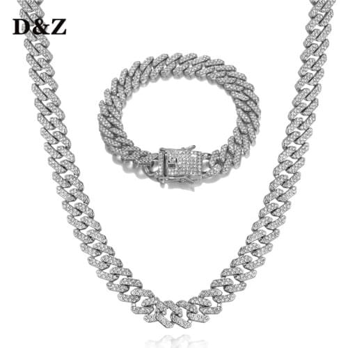 D&Z 1Set 12MM Miami Cuban Chain Bracelet 1 Row Iced Out Rhinestone Zircon Paved Necklaces Bracelets for Men Women Jewelry