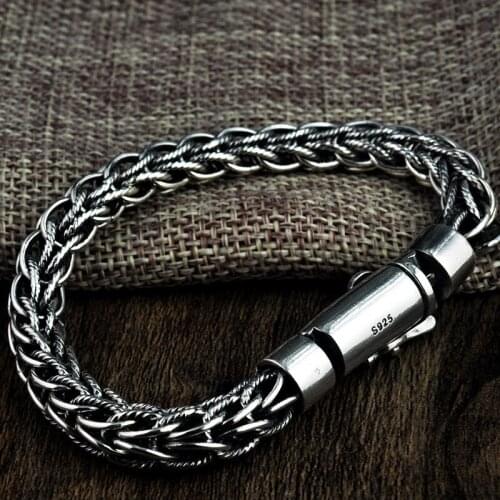 S925 sterling silver vintage handmade hemp rope twist rough bracelet men Thai silver bracelet