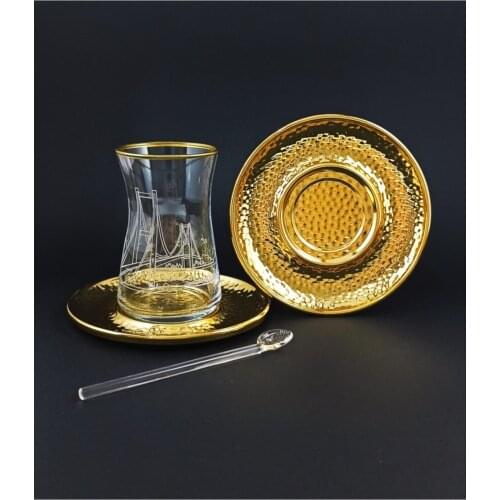 18pcs Handcrafted Gold Istanbul Collection Tea Glass Set, Turkish Tea Glass Set, Bosphorus Bridge Tea Glass Set