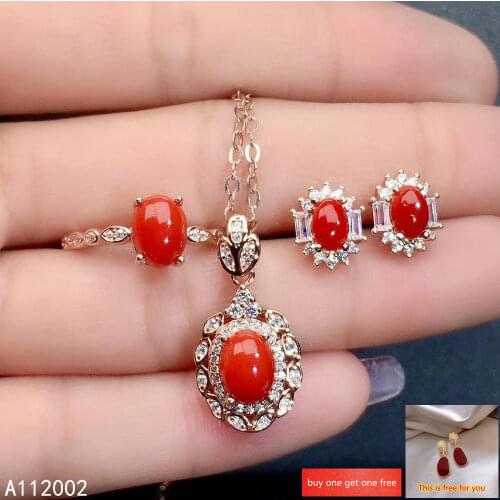 KJJEAXCMY fine jewelry natural red coral 925 sterling silver women pendant earrings ring set support test lovely hot selling