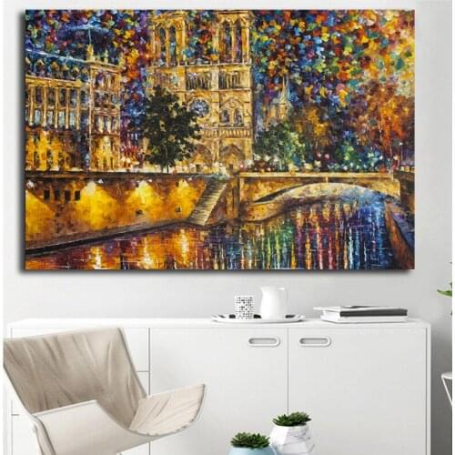 Paris Notre Dame Cathedral Spatulate Church Bridge Wall Art Canvas Poster And Print Oil Painting Picture For Bedroom Home Decor