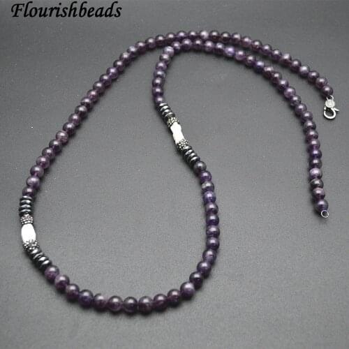 Natural Amethyst Stone Round Beads and White Pearl Long Rope Chains Beaded Necklace Fashion Party Jewelry Gift
