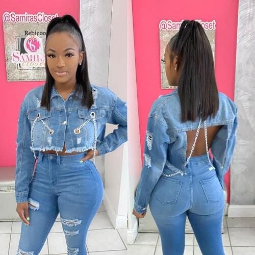 Sexy Women Jean Jacket Ripped Cropped Chain Long Sleeve Denim Jacket Streetwear Women Coat Lady Backless Outerwear Autumn New