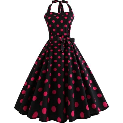 Retro Vintage Style Sleeveless with Bow 3D Skull Floral Printed 2018 Summer dot black Women Dress Halter Party Sexy Casual Dress