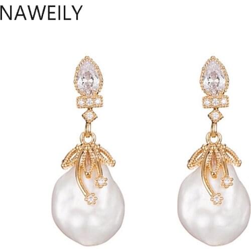 NAWEILY Baroque Pearl Gold Color Earrings For Women 2020 New Fashion Vintage Genuine Freshwater Pearl Crystal Drop Earring