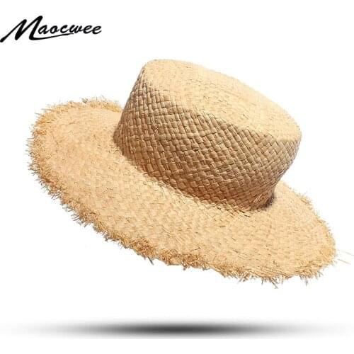 Floppy Raffia Straw Sun Hat Girls UV Cap Large Kids Wide Brim Summer Beach Hats Natural Flat Top Travel Hat Panama Cap