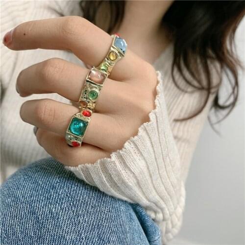 Vintage Bohemia Colorful Crystal Rhinestone Ring For Women Irregular Geometric Metal Gold Color Chunky Finger Rings Jewelry Gift