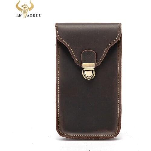 2021 Crazy Horse Leather men Design Vintage Small Hook Bum Bag Travel Fanny Waist Belt Pack Cigarette Case 6" Phone Pouch 2051