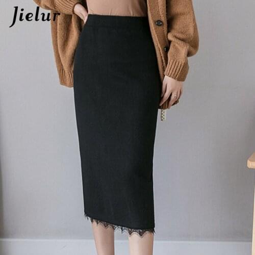 Jielur Skirts Womens Autumn Winter Lace Split Slim Solid Color Chic Saia Faldas Elastic Waist Skirts Korean Knitted Women Skirt