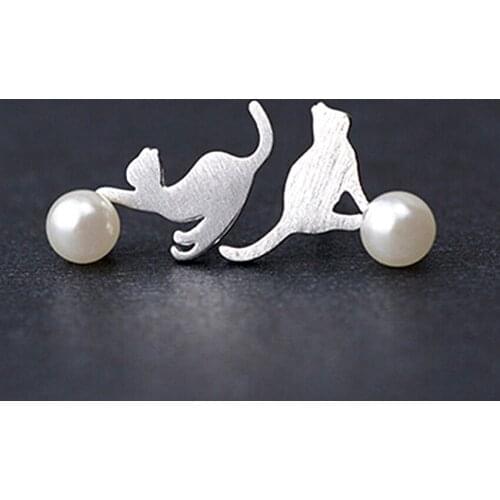 Daisies New Arrivals Pure 925 Sterling Silver Pearl With Cat Stud Earrings For Women Animal Shape Statement Jewelry