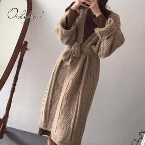 Ordifree 2021 Autumn Winter Women Long Knitted Cardigan with Belt Long Sleeve Loose Casual Overcoat Outwear Sweater Cardigan