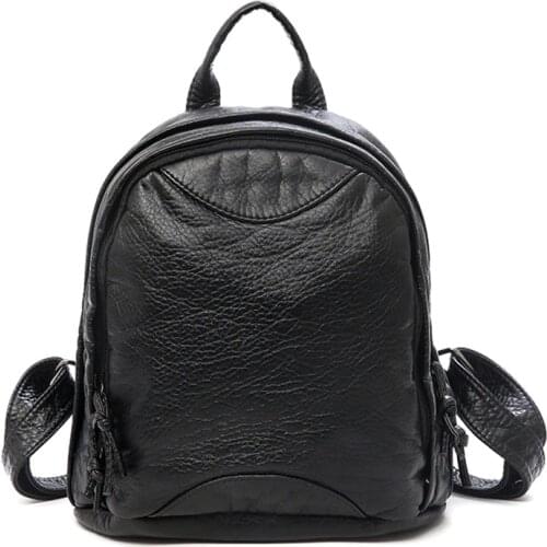 Soft Washed Leather Woman Backpack Small Casual Traveling Backpack Female School Bag for Girls Black Double Mummy Bag Bagpack