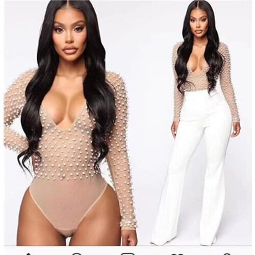 Simly Tara 2020 New Women Winter Bodysuits Sexy Long Sleeve Mesh Beading Pearl Beige Evening Party Bodysuit Swimsuits