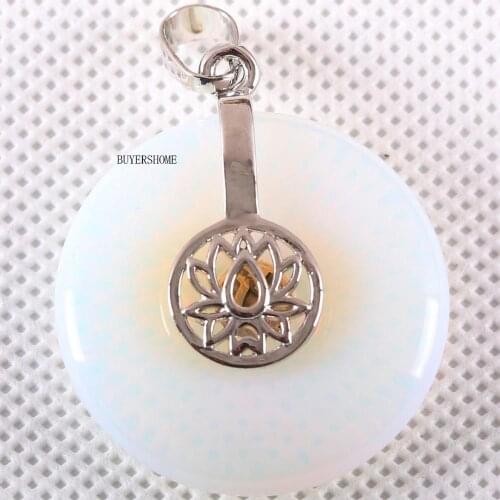 Necklace Pendant 30MM Natural Stone White Opal Round Bead for Women Girls Jewelry Gift Lotus Flower 1Pcs K748