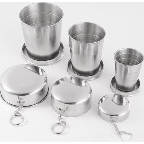 1PC Stainless Steel Folding Cup Portable For Outdoor Travel Retractable Telescopic Collapsible Cups With Keychain