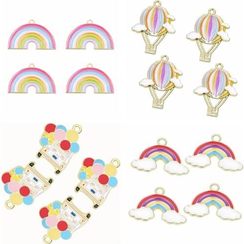 10pcs/Lot Enamel Rainbow Gold Charms For Jewelry Making Necklace Pendant DIY Supplies Hot Air Balloon Handmade Accessory Cartoon
