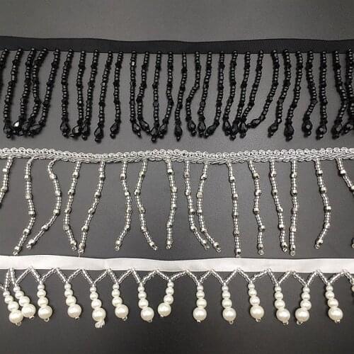 10Yards/lot 6.5cm Width long white black hanging bead long pearl fringe beaded tassel lace trim garment dress decoration