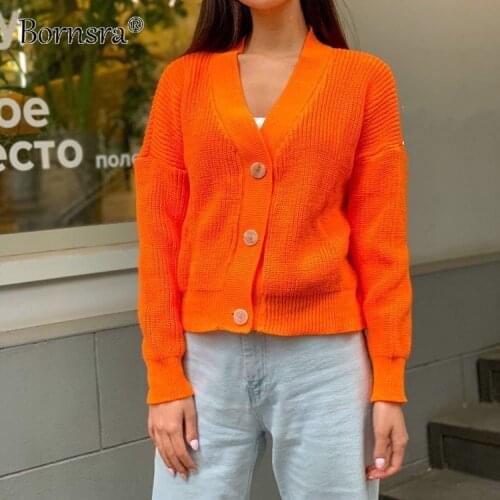 Bornsra 2021 Autumn Winter Solid Color Knitted Cardigan Womens Jacket Commuter Single-breasted Long-sleeved Sweater Female