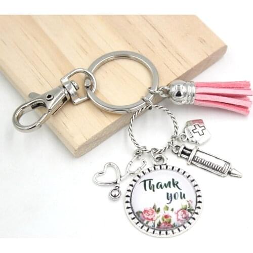 New Arrival 4 Model Thank you Keychain Thank you Nurse Key Chain Keyring Cabochon Printed handbag backpack key holder Nurse gift
