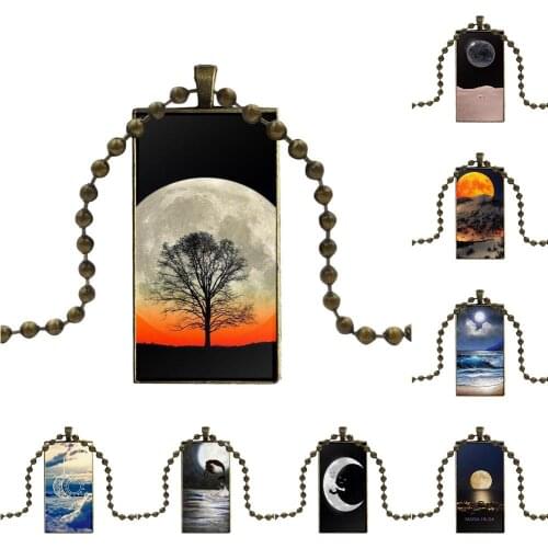 For Wedding Fashion Glass Cabochon Pendant Necklace Women Bronze Color Choker Rectangle Necklace Beautiful Sceneries Of Moon Art