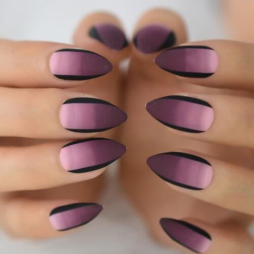 Stair Purple Gradient Original Design Black Edge Medium-Short Sharp Almond Shape Light To Dark Gels Nails Art Flase Fingernails