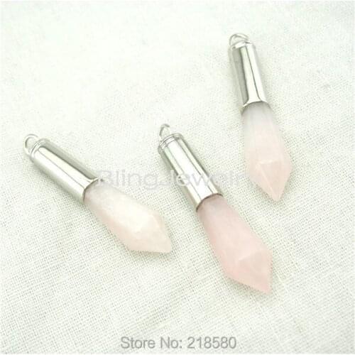 H-SP89 Healing Crystal Pendant,Silver Bullet Pendant, Rose Pink Quartz Point Spike Pendant with Silver Cap
