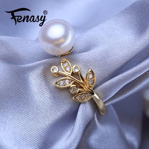 FENASY Natural Freshwater Pearl Rings For Women Bohemian Adjustable Gold Color Leaf Ring Female Party Wedding Jewelry