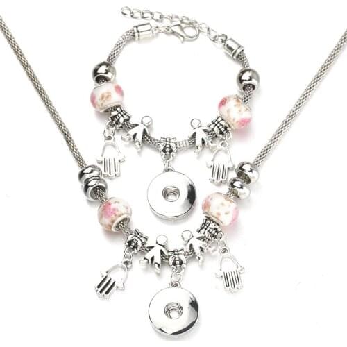 6 Colors Snap Button Hand of Fatima Necklace Bracelet Set Bead Pendant Hollow Chain Beaded Bracelet Fit 18mm Snap Jewelry Gift