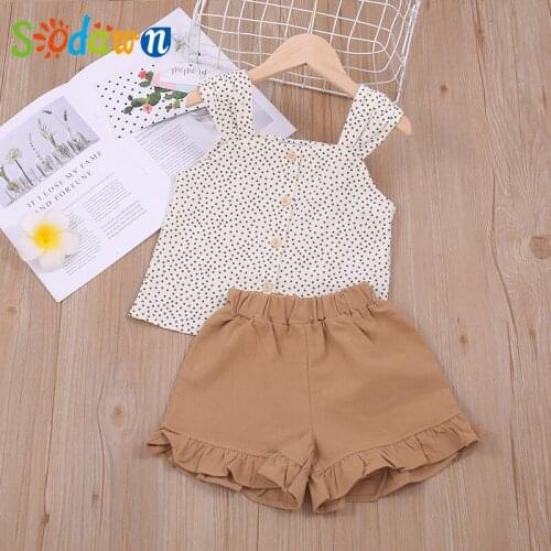 Sodawn Summer Girl Clothes Suit Set 2Pcs New Dot Printed Sling Vest Tops+Shorts 2pcs Kids Children Clothing Outfits