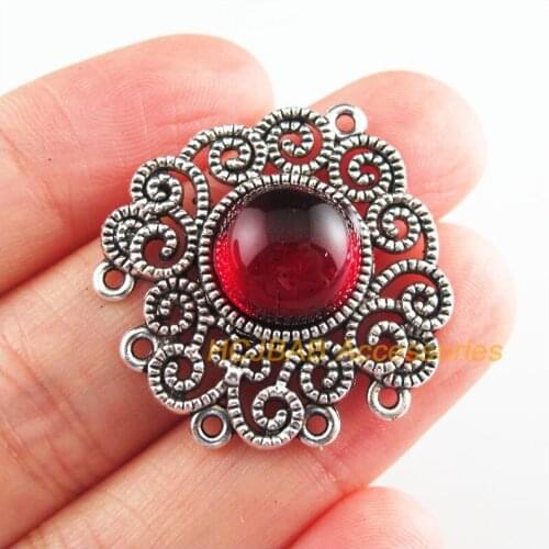 Fashion 5Pcs New Flower Charms Red Glaze Heart Connectors Tibetan Silver Tone 30x32mm