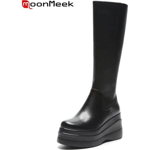 MoonMeek 2022 New Arrival Hot Sale Coehide Shoes Zipper Thick Heels Platform Knee High Boots Fashion Simple Winter Ladies Boots
