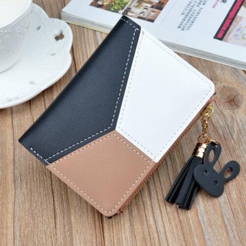 New Women Short Wallet Mini Girl Zipper Coin Purse Schoolgirl Korea Splice Hit Color Tassel Coin Purse Credit Card Bag