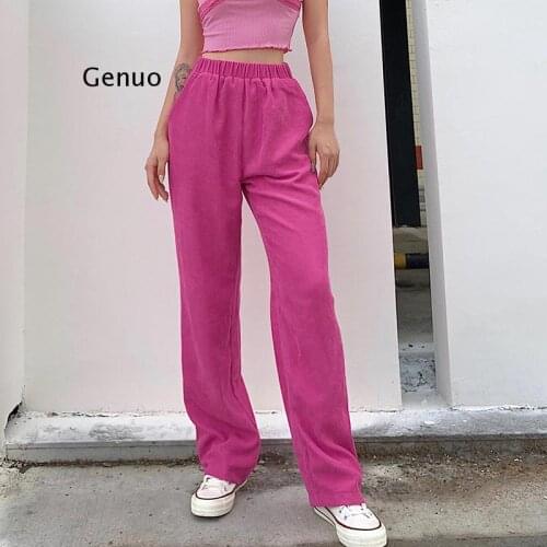 Casual Rose Red Straight Corduroy Pants Women Streetwear Solid Loose Trousers Autumn Winter High Waist Pants Bottoms