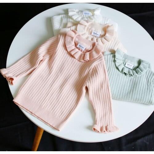 New Autumn Winter Toddlers Kids Knitted Pullovers Tops Ruched Collar Pure Color Baby Girls Sweaters Children Clothes