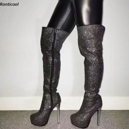 Ronticool 2021 Women Winter Over The Knee Boots Sexy Rhinestone Stiletto High Heels Round Toe Black Night Club Shoes Size 5-20