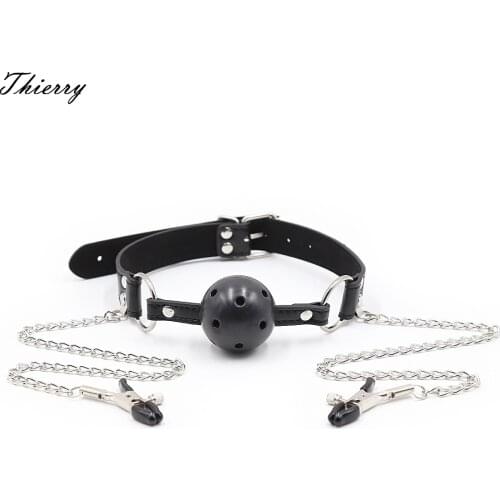 Thierry Mouth a ball Gag + Nipple Clamps Adjustable Lockable Belt Slave tamed Torture Kit Sex Bondage Sex Toy