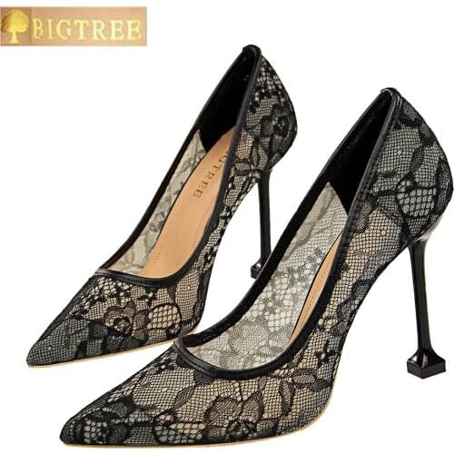 Fashion Sexy women pumps 9.5CM Thin high heel Nightclub Lace Hollow Mesh Shallow mouth Pointed Toe womens shoes