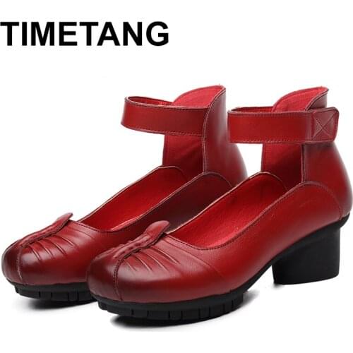 TIMETANG Spring Autumn National Style Women Leather Shoes With A Square Med Heel Woman Round Toe Ankle Strap Pumps Shoes New