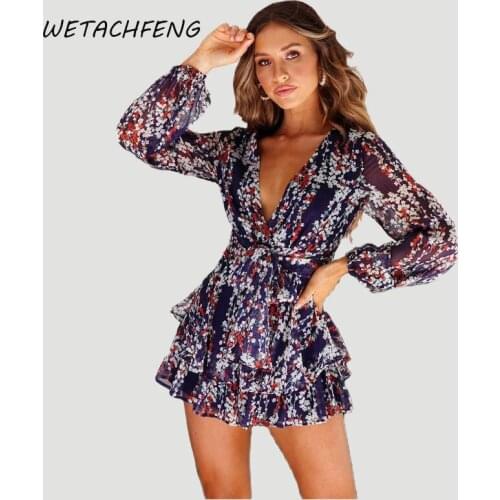 Overalls For Women 2021 Summer Blue Floral Playsuits Sexy V Neck Long Sleeve Shorts Rompers Sundress One Piece Outfits Jumpsuits