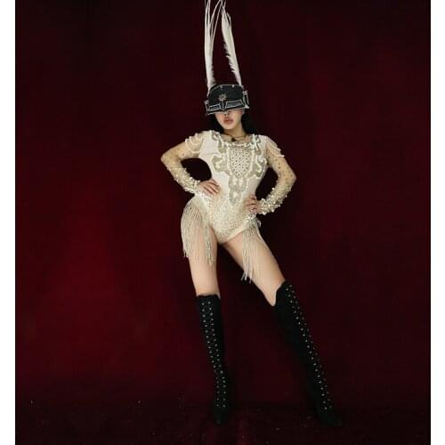 Women New Pearl Mesh Sleeve Gold Rhinestones Tassels Bodysuit Bar Female DJ Singer Dance Costume Sexy Dance Team Jazz Stage Wear