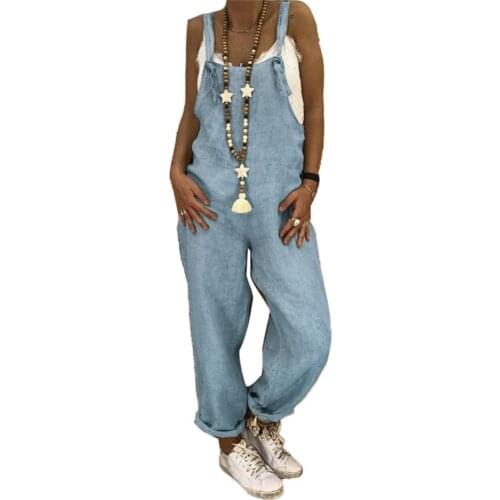 Women Casual Solid Color Sleeveless Adjustable Straps Loose Jumpsuit Bib Overall