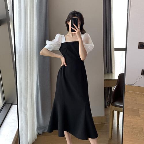 Black Dress With White Collar Women 2021 Elegant Fashion Office Lady Short Puff Sleeve Square Collar Flounced Edge Sexy Vestidos