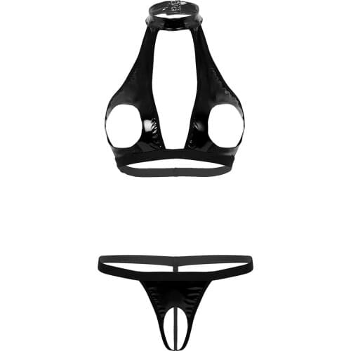 Womens Exotic Lingerie Clubwear Nightwear Set Wetlook Crotch Faux Leather Hollow Out Bust Open Bra Top with Crotchless Briefs