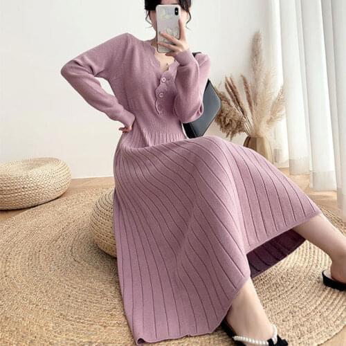 2021 Autumn Winter Dress Elegant Lady Women Solid Color Deep V Neck Wave Cut Front Buttons Long Sleeve Knitted Sweater Dresses