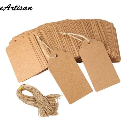 100pcs Large Size 4.5x9.5cm Kraft Gift Tags with Hemp Strings Black White Kraft Scallop Hang Tag Blank Price Tags Paper Labels