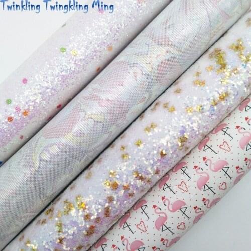 White Chunky Glitter Fabric with Butterfly, Pink Flamingo Printed Faux Fabric Sheet For Bow 21x29CM Twinkling Ming KM389