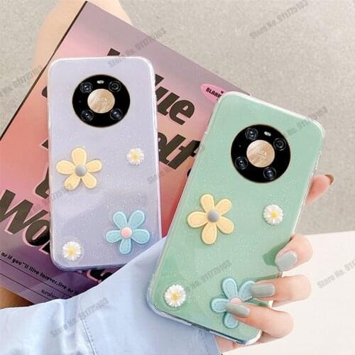 Glitter Daisy Flower Phone Case Lanyard Strap For Huawei Mate 40 Pro 30 Lite 20 10 Pro 20x V40 V30 V10 Silicone Protector Cover