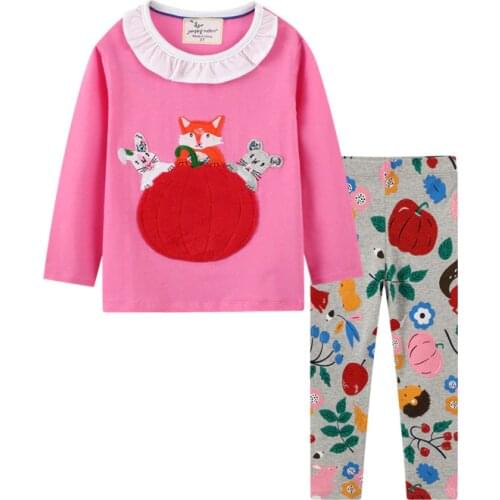 Jumping Meters Autumn Winter Cotton Girls Clothing Sets with Animal Appliques Dot Kids Outfits Baby Girls Dress+Leggings Suits