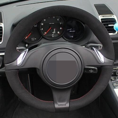 DIY Car Steering Wheel Cover Hand-Stitched Non-slip Black Genuine Leather Suede For Porsche Cayenne Panamera 2010 2011 2012