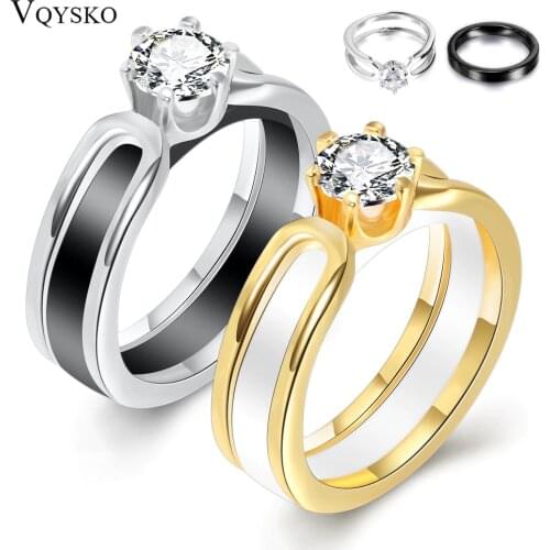Lokaer 2 layers Black/White Ceramic Crystal Wedding Rings Jewelry AAA Zircon Stainless Steel Rhinestone Engagement